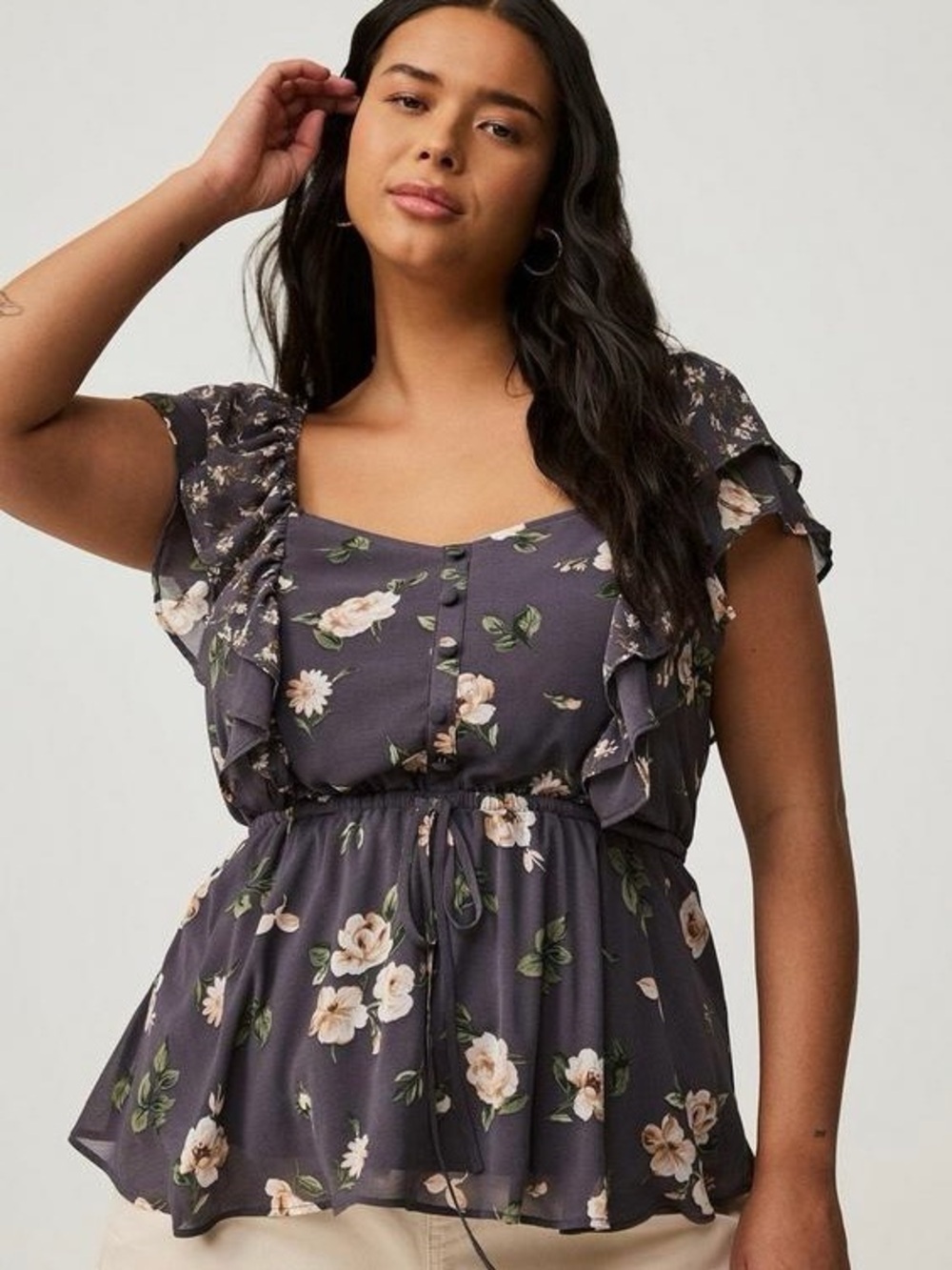 NWT Torrid ‘Ruffle Cinched Blouse’ in “Cynthia Rose Floral Periscope” Plus Sz 3X
